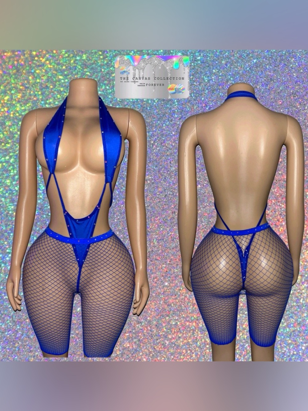 Exotic Dancewear: Royal Blue Bodysuit & Fishnet shorts set with rhinestones